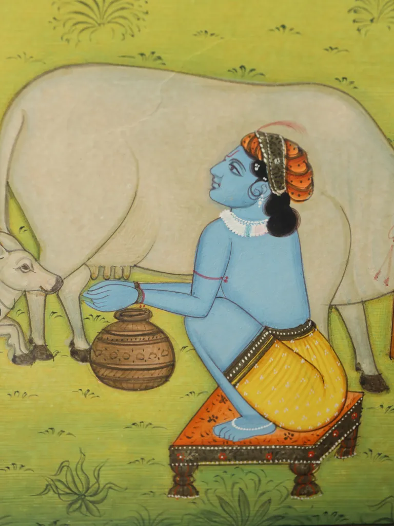 Indian Rajput-Style Miniature Painting of Krishna Milking a Sacred Cow with Gopis