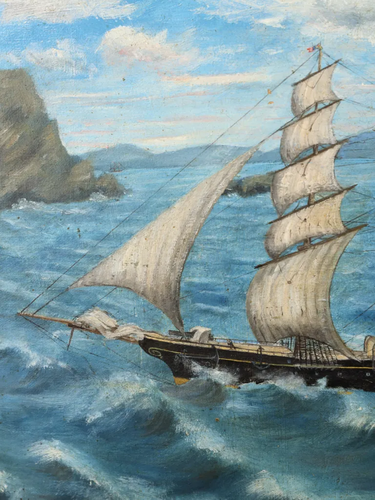 19th Century French Na&iuml;ve Marine Painting of a Three-Masted Steam Sailing Ship, Signed Monscavoir