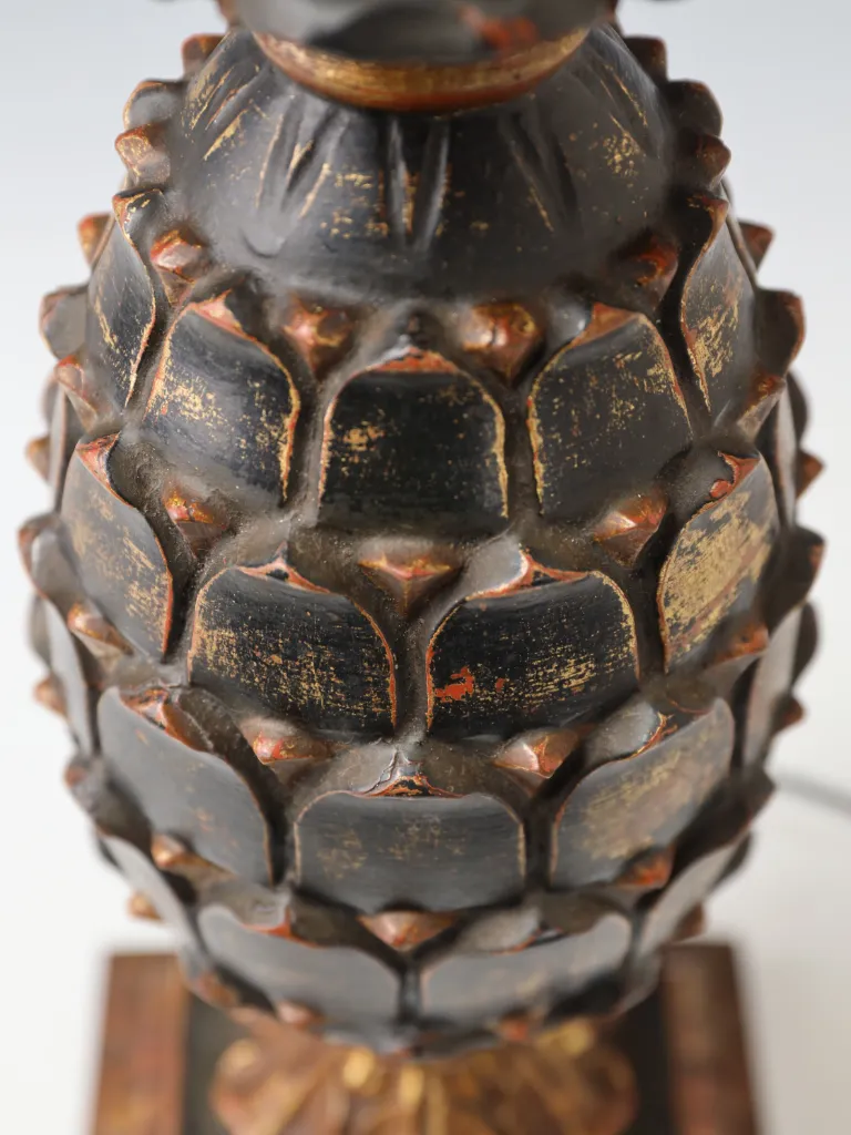 French Hollywood Regency Carved Wood Pineapple Table Lamp with Gilt Metal Palm Leaves, c.1920&ndash;1930s