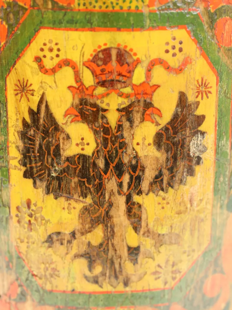 Early Russian Polychrome-Painted Treen Vessel with Portrait of a Tsar and Double-Headed Eagle