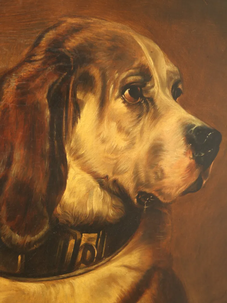 Large Victorian oil painting of Odin the hound, after Sir Edwin Landseer, depicting a golden-brown Mastiff&ndash;Bloodhound with expressive eyes, long ears and a dark leather collar, presented in a substantial ornate gilt frame.