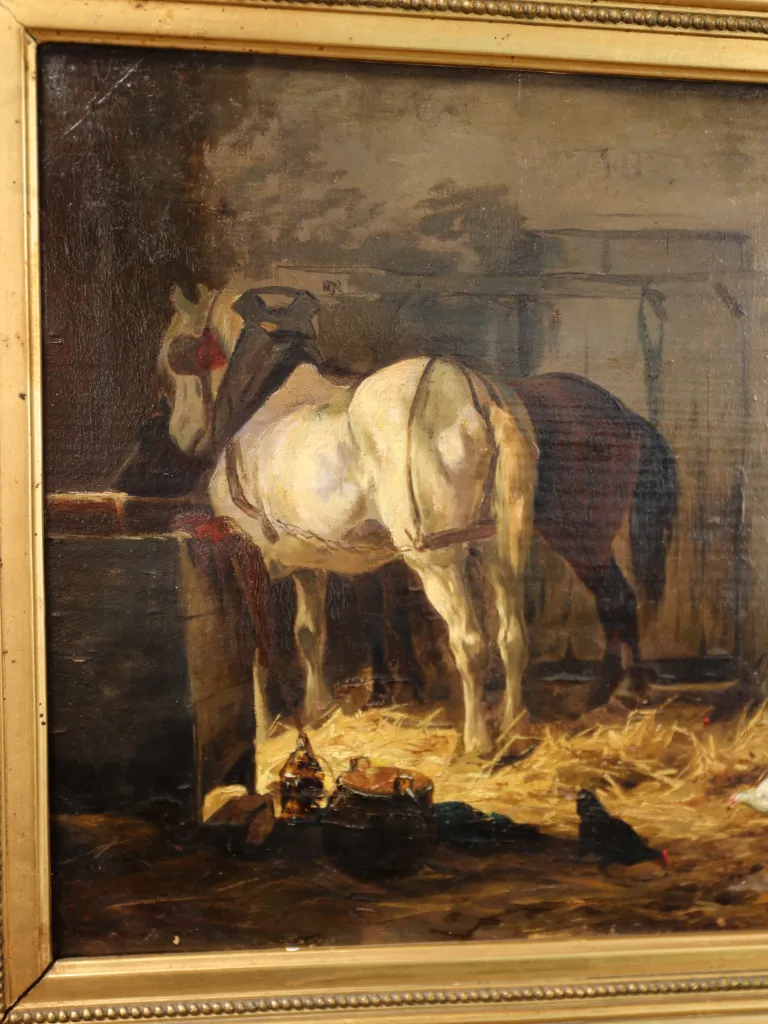Gustave Colsoulle (1843&ndash;1895), Belgian Stable Interior with Horses and Chickens, c.1875