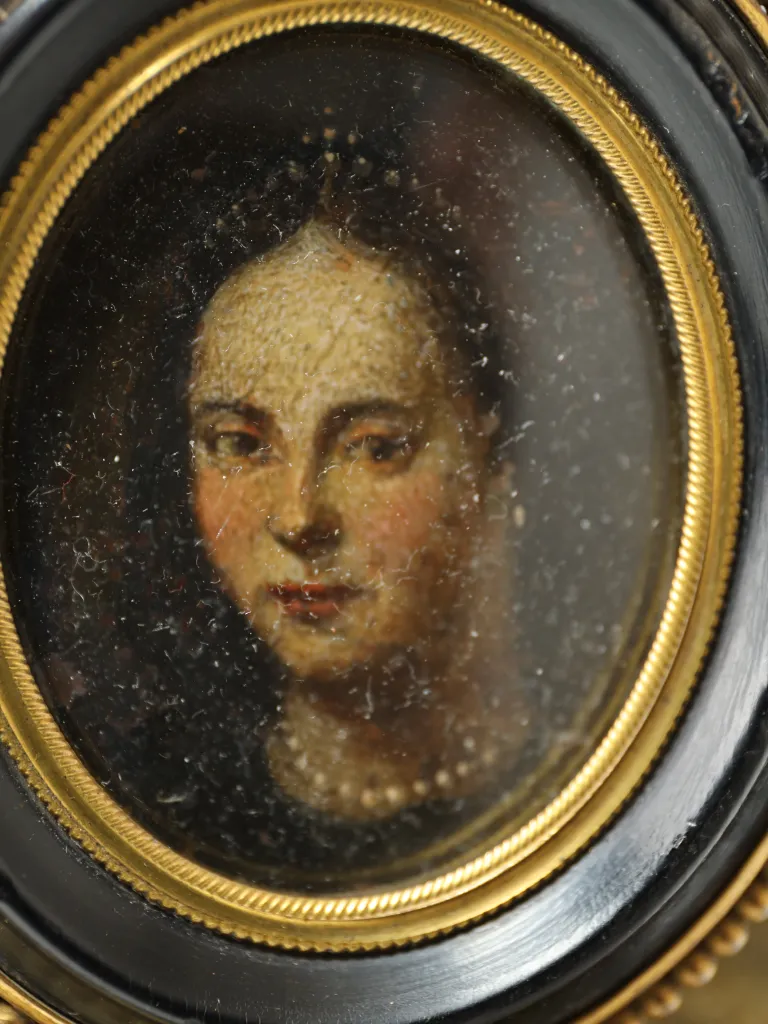 19th Century Hand-Painted Portrait Miniature in Ebony & Bronze Frame, c.1850&ndash;1880