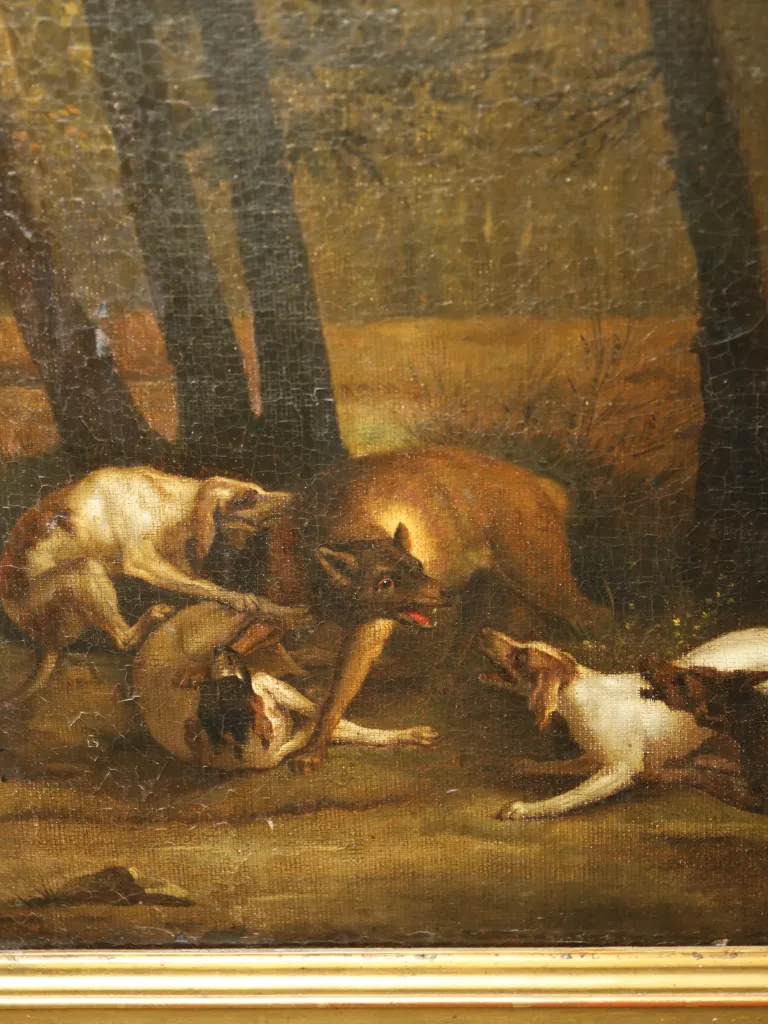 19th Century Sporting Oil Painting &ndash; Hounds Attacking a Wolf in a Woodland