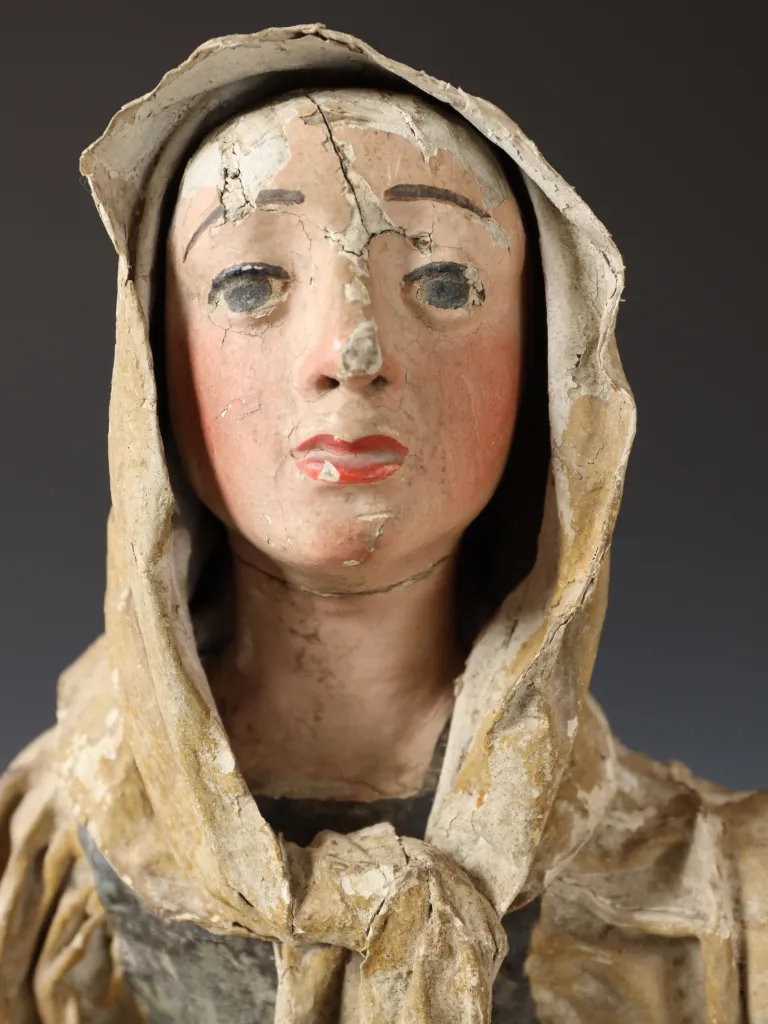 Early European Folk Art Shepherdess or Village Woman, Carved Wood & Papier-M&acirc;ch&eacute;, 17th&ndash;18th Century